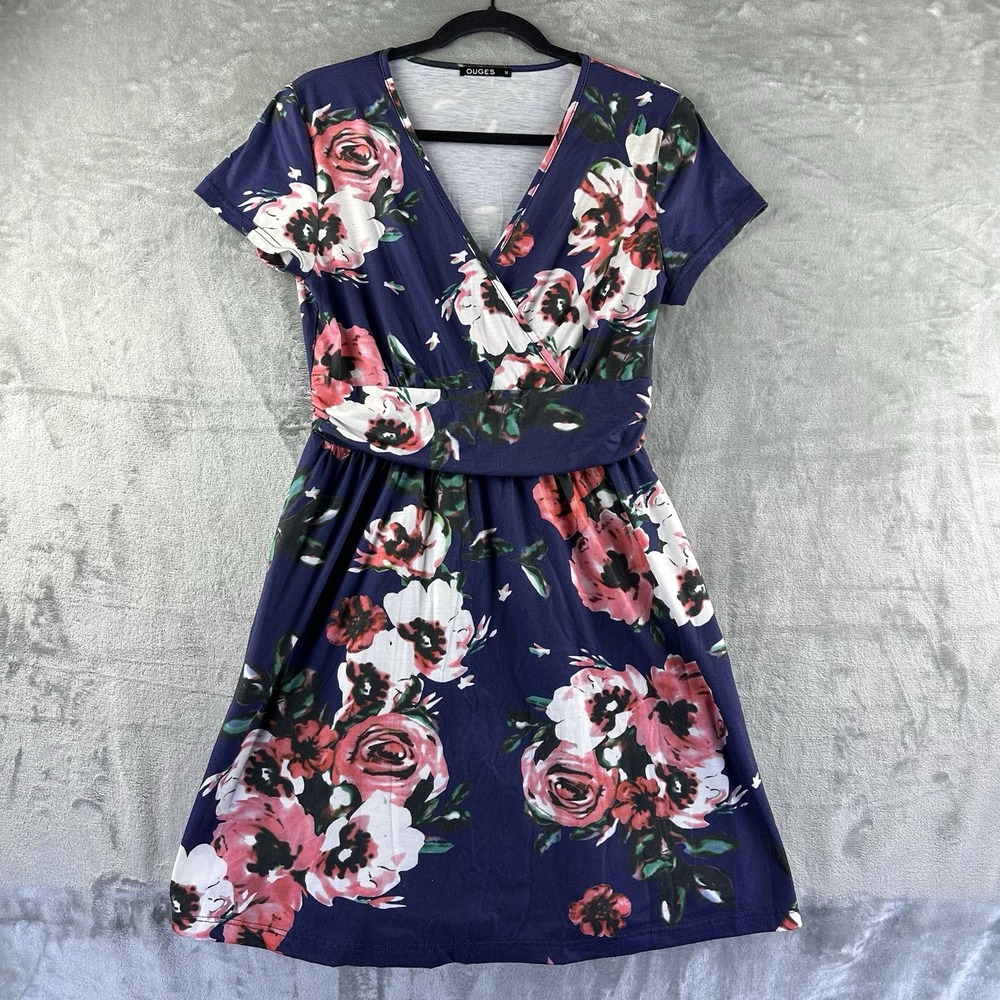Ouges Dress Women's M Purple w/ Red Pink White Floral Print Pockets Fit & Flare